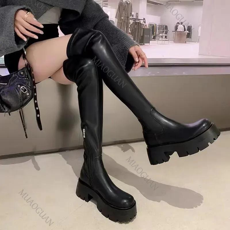 Spring Autumn Over The Knee Boots Women Fashion Round Toe Square Thick Heels Long Boots Female Shoes Platform Knight Botas Mujer