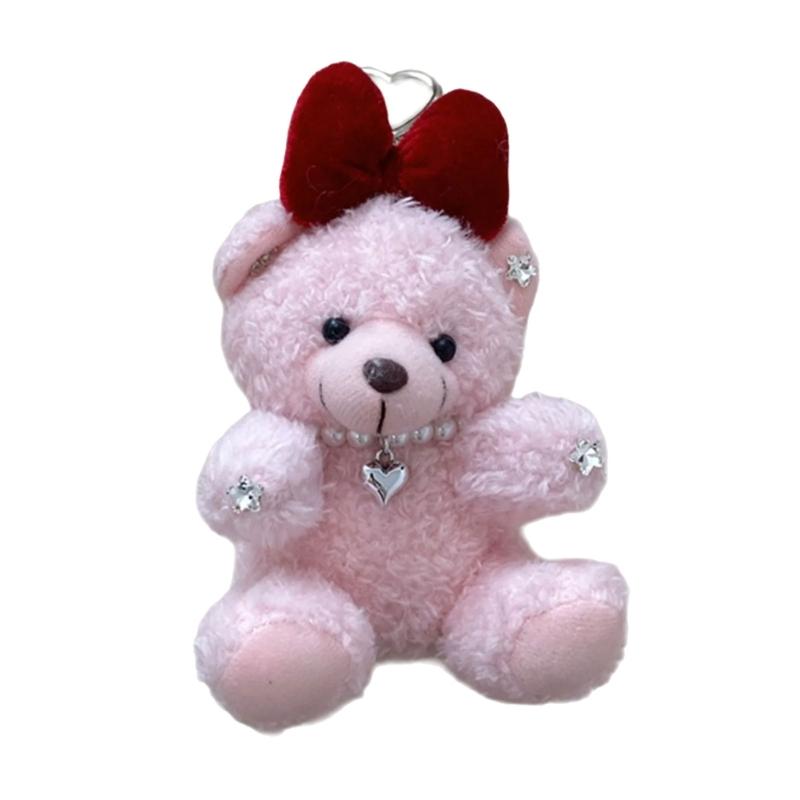 Soft Plush Bear Hanging Ornament Fashionable Soft Bear Keychain with Bowknot Plush Key Accessory for Stylish Bags