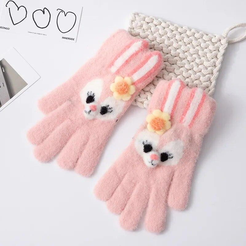 5-12 Years Winter Children Girl Knitted Warm Soft Cartoon Rabbit Full Finger Outdoor Lovely Girl Gloves