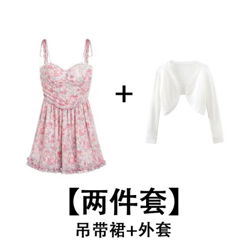 Beautiful temperament suspender dress female summer high-end fairy dress chiffon high waist thin retro floral skirt