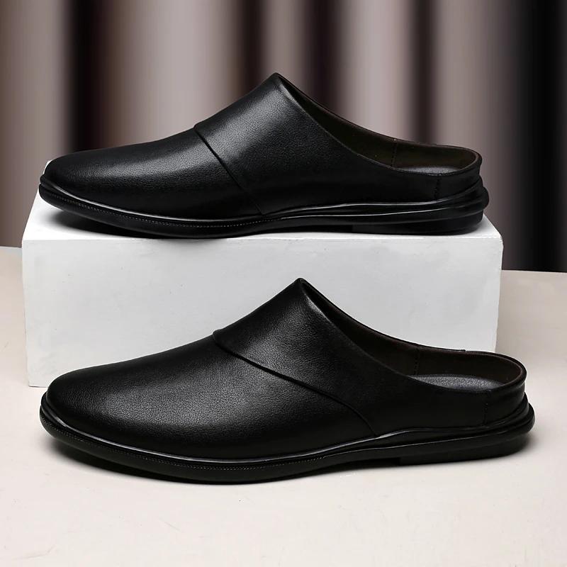 Fashion New Genuine Leather Mens Slippers Summer Breathable Casual Shoes Slip-on Lazy Half Shoes Walking Loafers Men Moccasins Half Drag