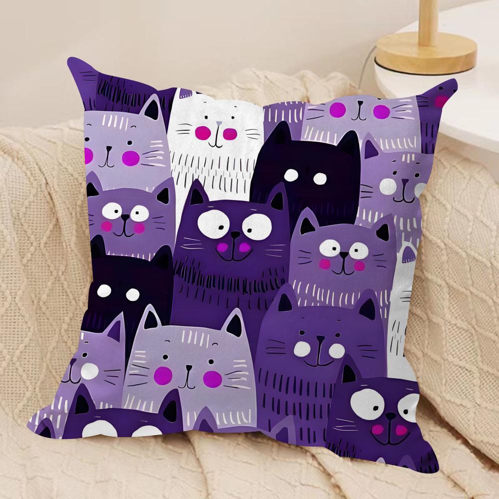 Cute Cat Cushion Cover Soft Plush Fabric DoubleSided Printed Sofa Cushion Cover for All Seasons Home Decor Gift