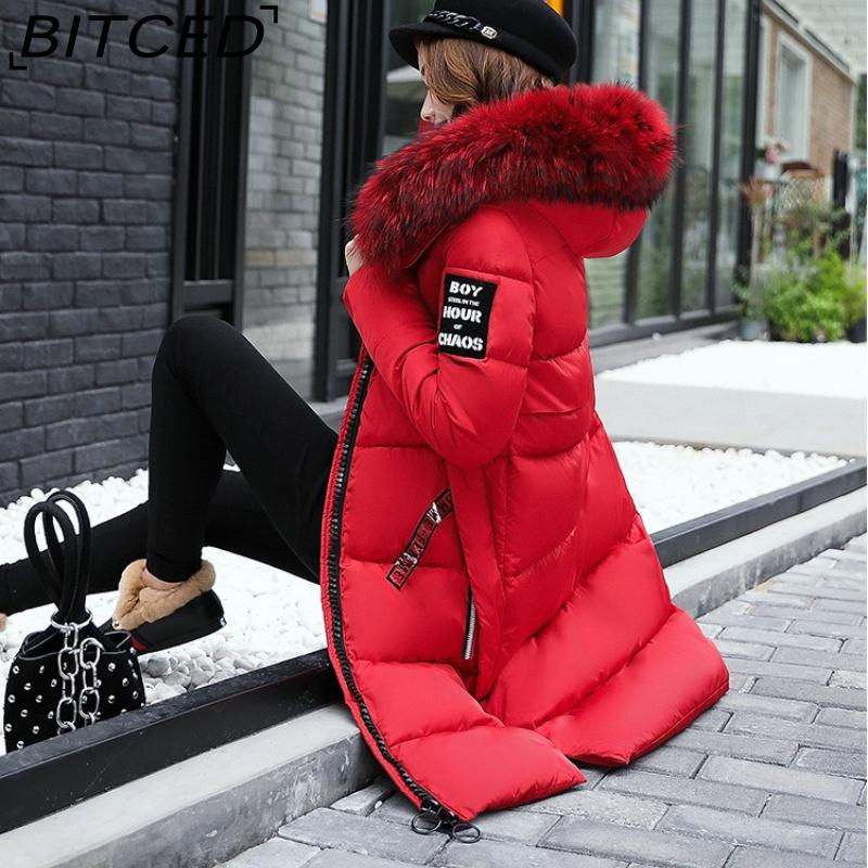 BITCED Autumn/Winter Women's Long-Length Cotton Coat with Hood and Large Fur Collar Down-Filled Cotton-Blend Padded Jacket