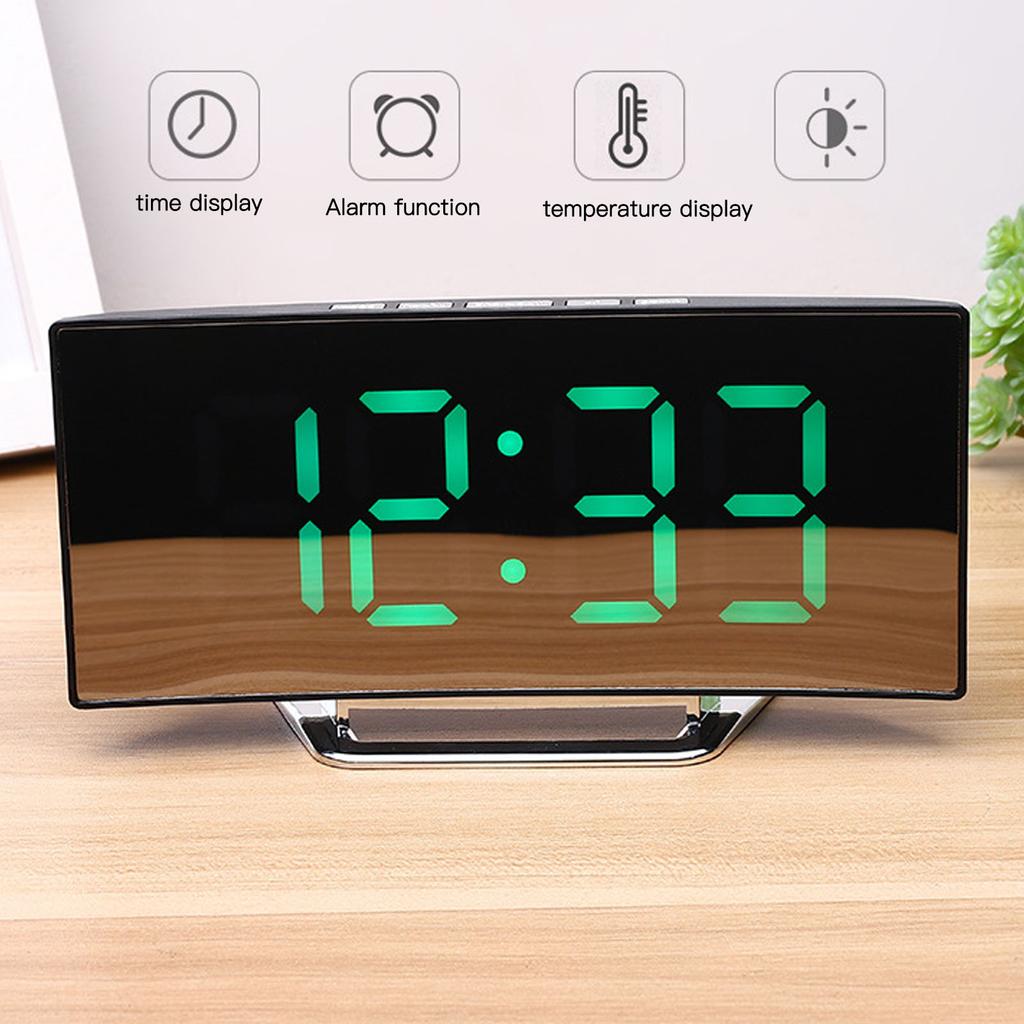 Digital Alarm Clock Mirror Smart Light Sensing Curved Screen LED Clock Digital Temperature Display Alarm Clock for Student
