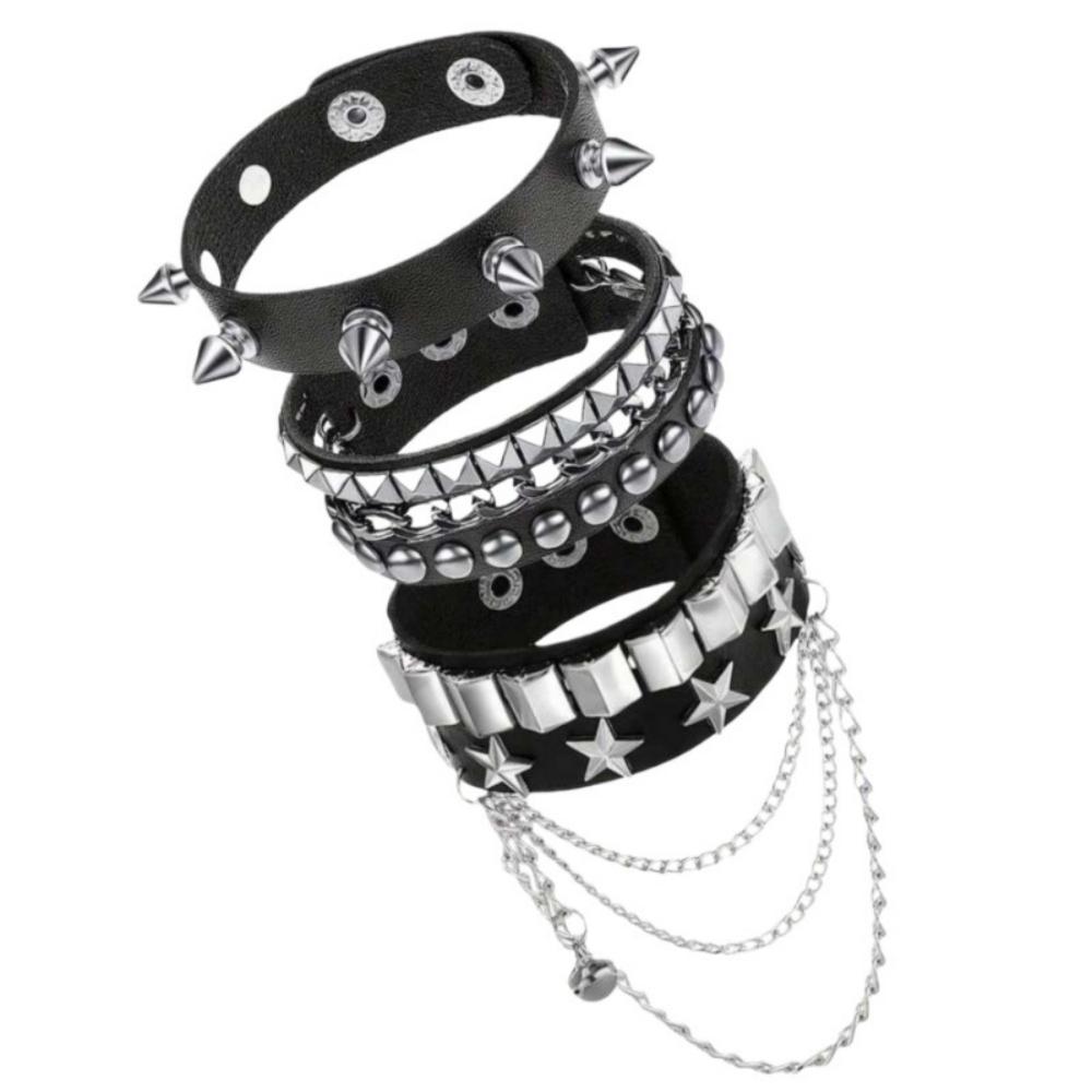 

3Pcs/Set Tassel Star Leather Bracelets Punk Row Cuspidal Spikes Rivet Stud Wide Cuff Pu Leather Punk Gothic Rock Accessories