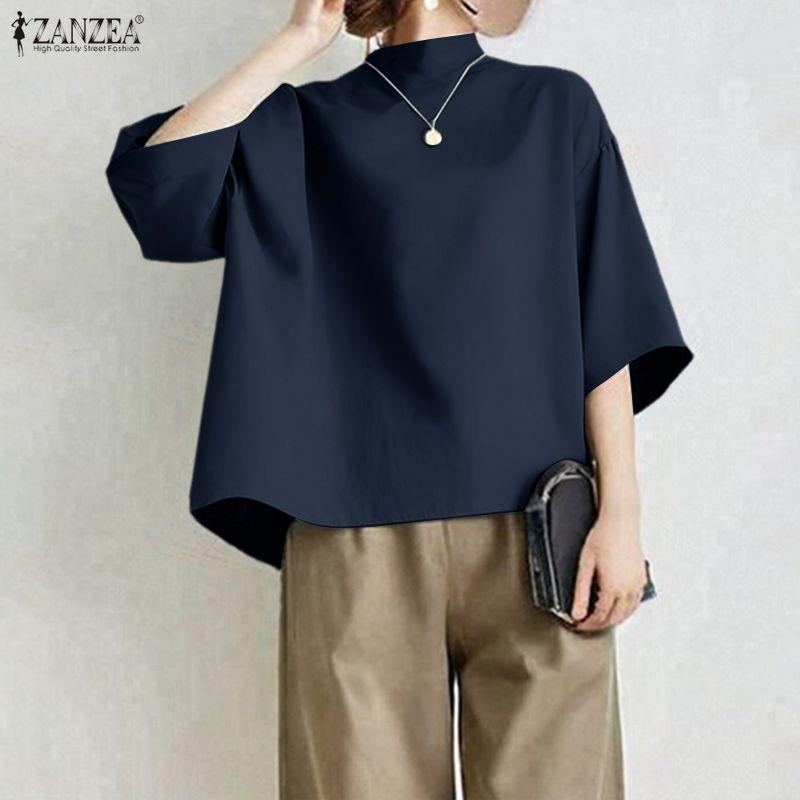 ZANZEA Damen Lässig Stehkragen 3/4-Ärmel Weite Bluse