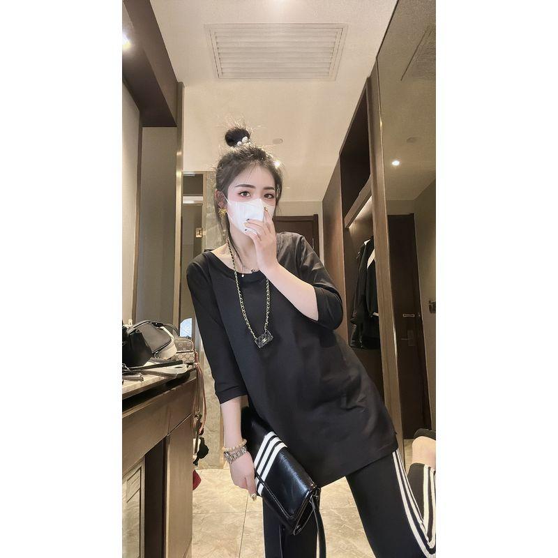 

European Goods 2023 Summer New V-neck Half Sleeve Pure Cotton Short sleeve T-shirt Women Loose Slimming Mid-Length Split Top Fashion Black XL