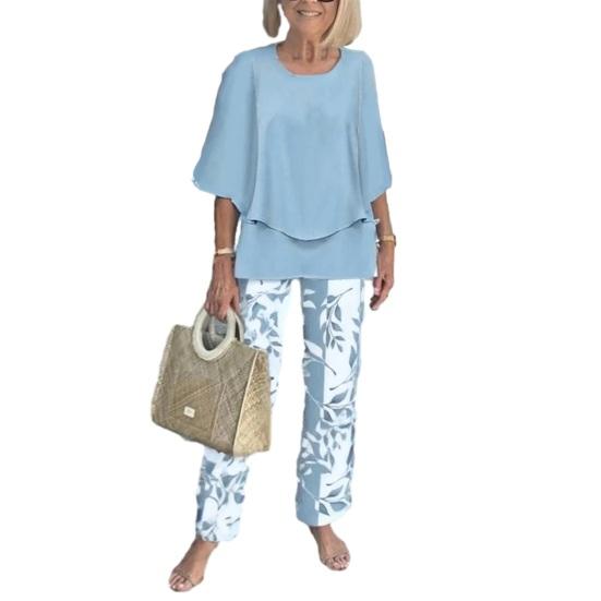 

Summer 2 Piece Outfit for Women Half Sleeve Crew Neck Top And Long Pants Travel Vacation Lounge Sets M синий