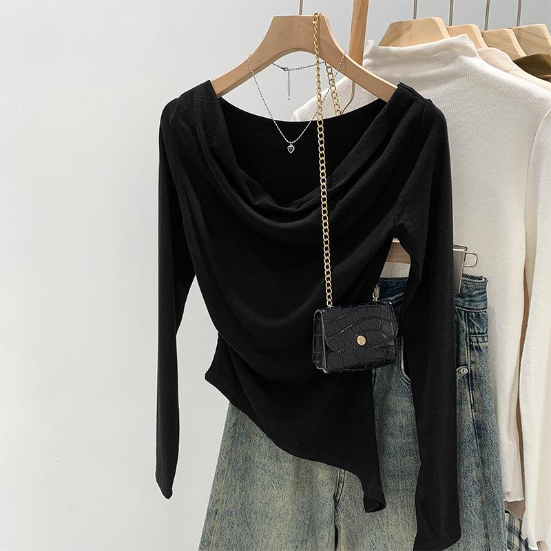 Slim-fit irregular swinging collar shoulder top women's autumn new sweet and spicy versatile bottoming shirt long-sleeved T-shirt