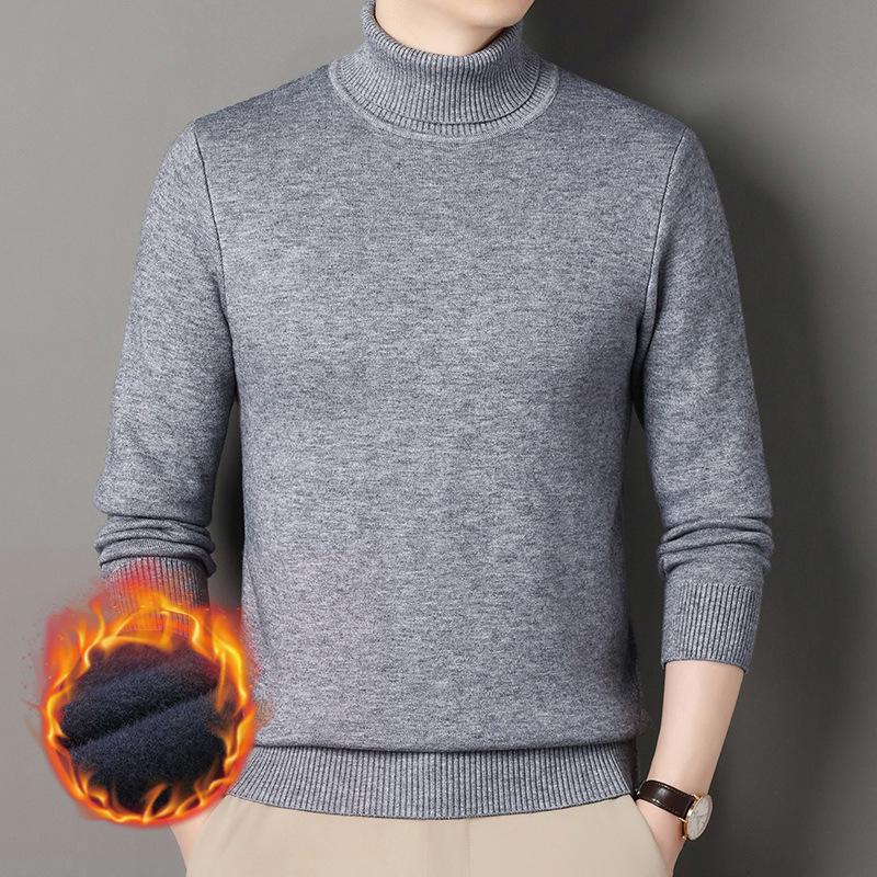 Men's Winter Warm Velvet High Neck Sweater - Solid Color Knit Pullover