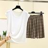 Ladies' Casual And Comfortable Round Neck Solid Color Top With Checkered Printed Shorts Plus Size Set