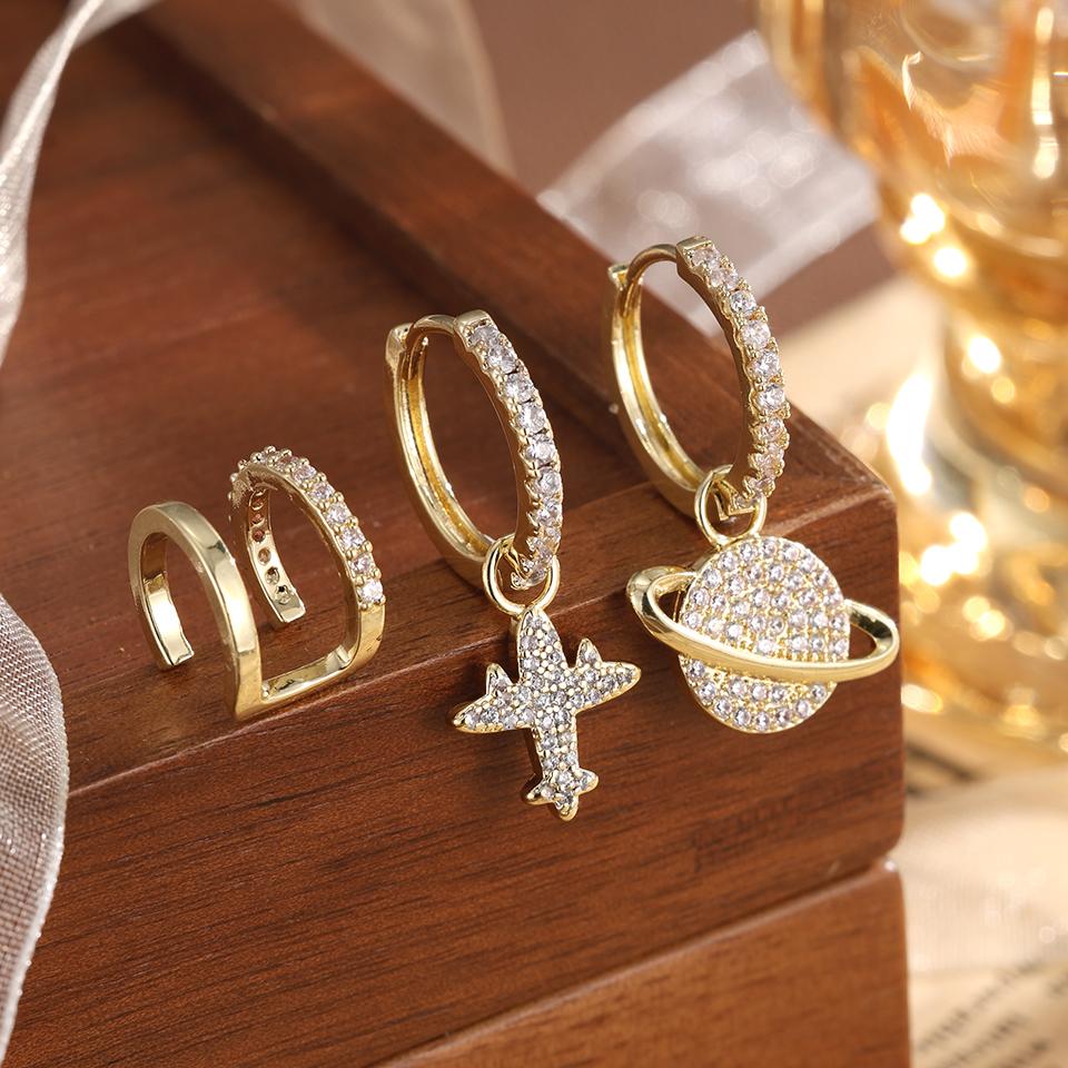 ZAKOL 3Pcs/Set Cute Planet Cross Micro Pave CZ Dangle Hoop Earrings Multiple Piercing Ear Bone Accessories Set for Women