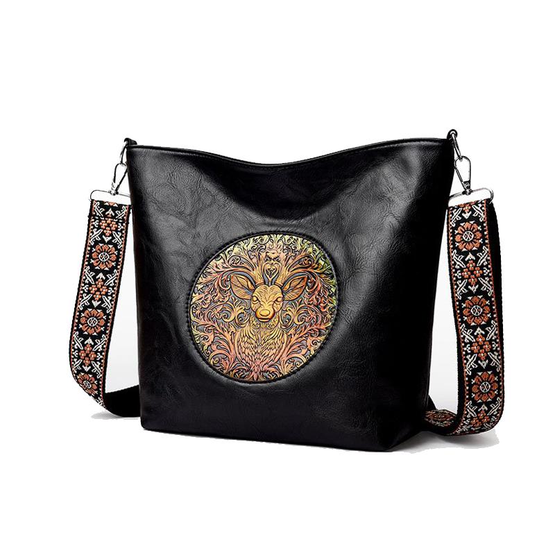 Borsa a Spalla in Pelle Ricamata con Cervo Vintage per Donna - Borsa a Tracolla Tote Bohemienne con Tracolla Etnica, Borsa a Mano Moda Retro