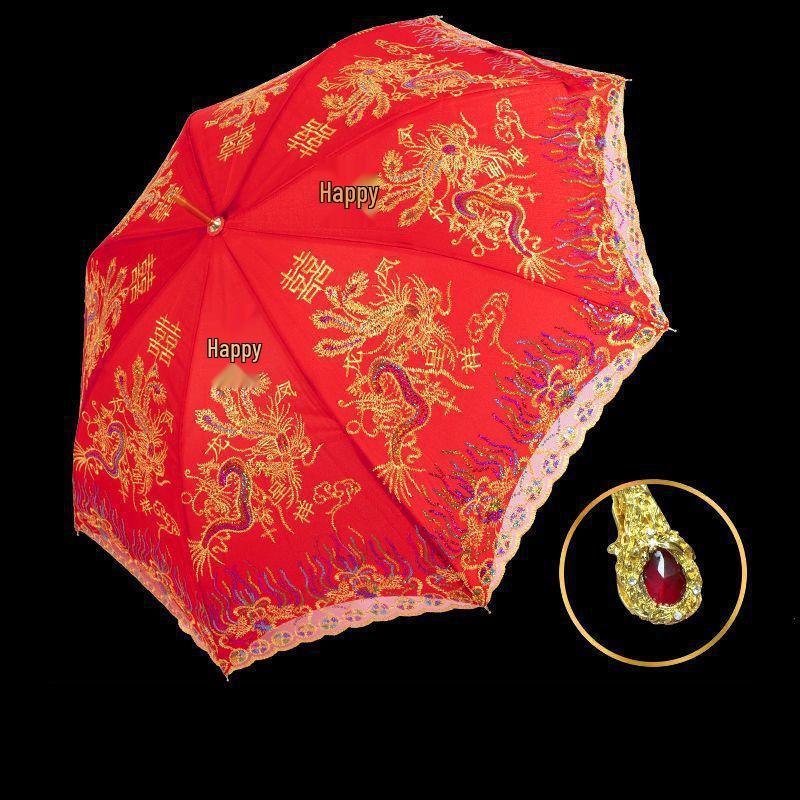 Eleganter roter Brautschirm mit gestickter Spitzkante und langem Griff für Hochzeiten