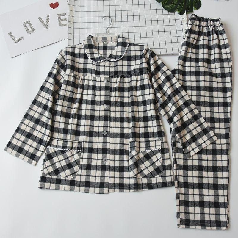 Spring and Autumn Women's Pure Cotton Cotton Velvet Gingham Long Sleeves Pajamas Casual Comfortable Homewear Suit