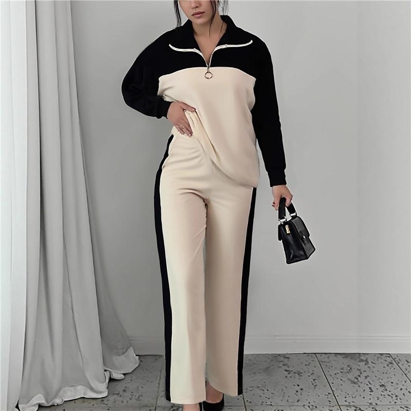 Women 2 Piece Tracksuit Color Block Half Zip Sweatshirt & Wide Leg Pants Set Casual Knit Loungewear Outfit