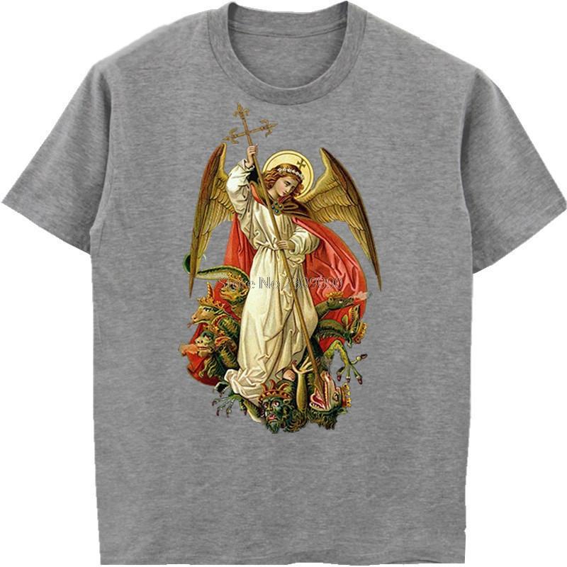 Erzengel Michael besiegt den Teufel Katholisch Christliches T-Shirt Unisex Baumwolle Kurzarm T-Shirt Hip Hop Tee Top Harajuku Streetwear