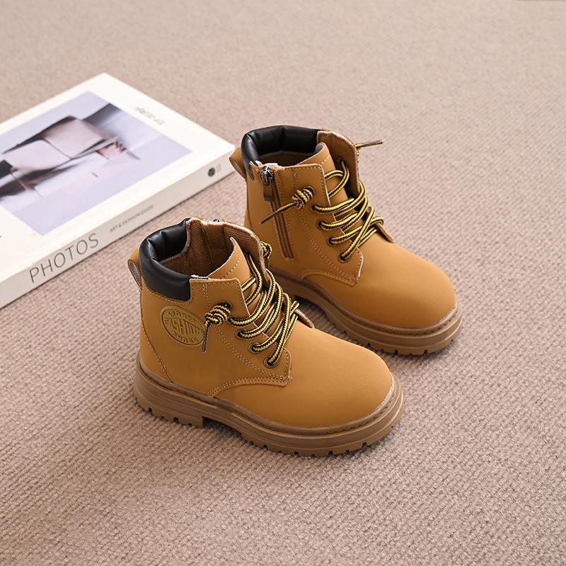 Children's autumn and winter short boots 2025 new girls leather boots boys single boots rhubarb boots British style velvet Martin boots