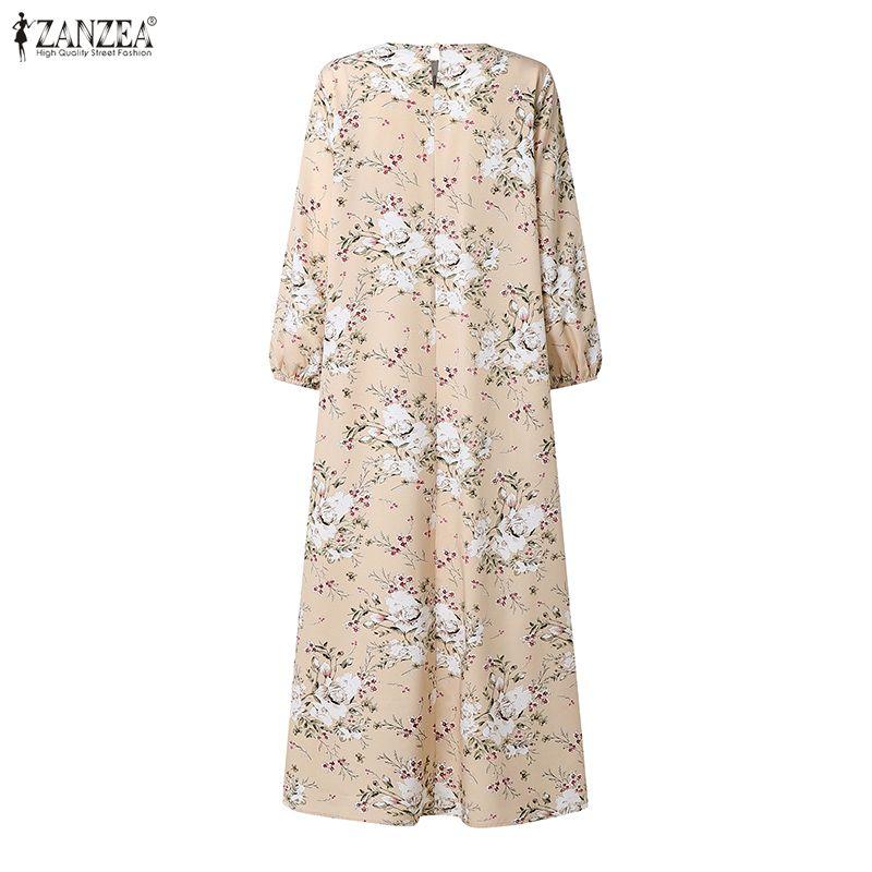 ZANZEA Women Casual Round Neck Loose Long Sleeve Print Long Dress