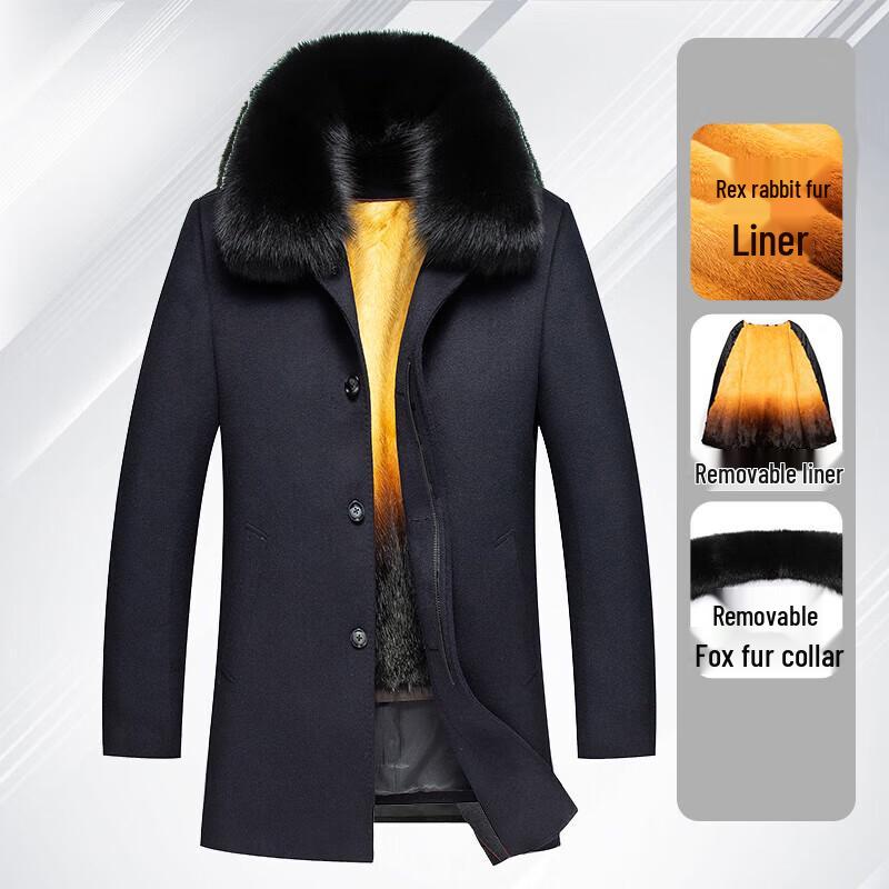 FengXun Men's Winter Wool Blend Overcoat with Removable Rex Rabbit Fur Liner and Fox Fur Collar