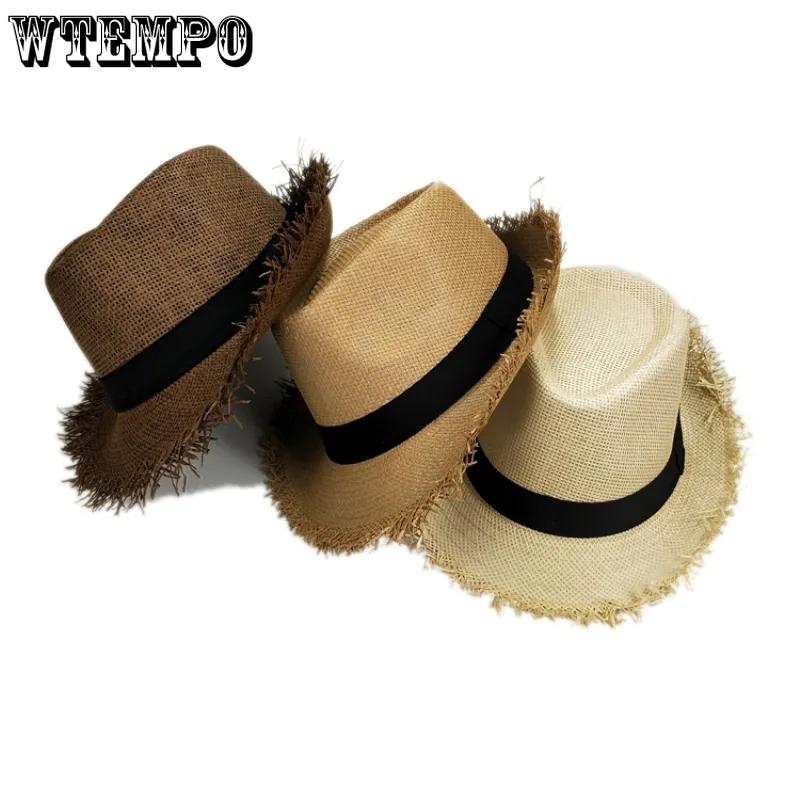 WTEMPO Summer Unisex Breathable Sunscreen Hats Vintage Hand-woven Straw Hats Solid Color Casual Formal Hats
