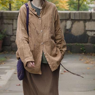 Donna Autunno Stile Vintage Camicia con Stampa Retro Maniche Lunghe Monopetto Collo Camicia Casual