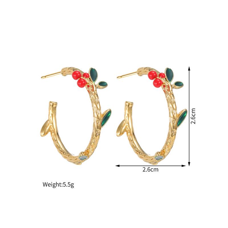 Stainless Steel Geometric C-Shaped Cherry Earrings 18K Gold - Cute New Year High-End Style