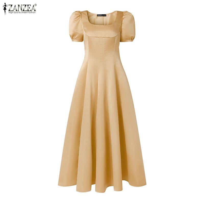 ZANZEA Women Elegant Square Collar Casual Short Sleeve A-Line Long Dress