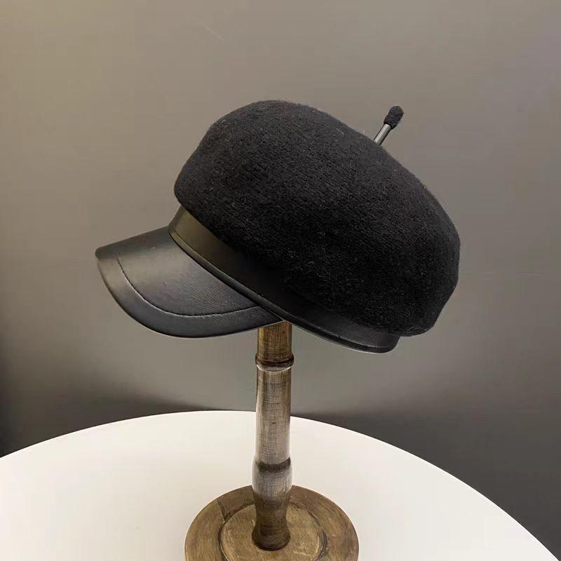 Simple PU Leather Brim Octagonal Hat Women's Autumn and Winter Woolen Peaked Cap Versatile Newsboy Hat