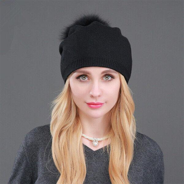 Women Winter Warm Cashmere Wool Knitted Real Fur Pom Pom Ball Beanie Hat
