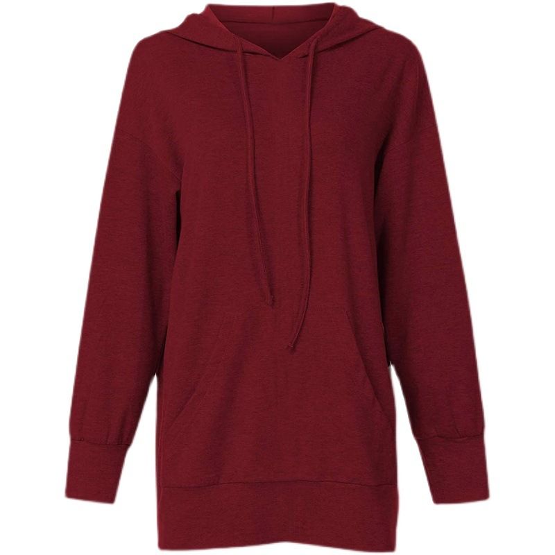

Autumn and Winter New Arrival Fashion European and American Style Hooded Dress Long Sleeves Women s Fashion Pure Color V-neck Sweatshirt Loose Fashion Burgundy S