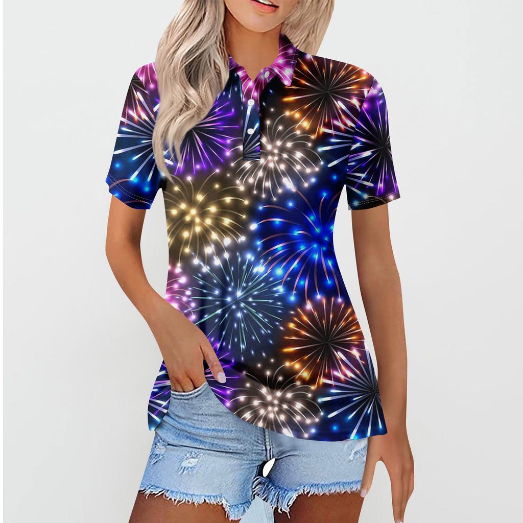Women's Casual Floral Print V-Neck Short Sleeve Decorative Button T-Shirt Top