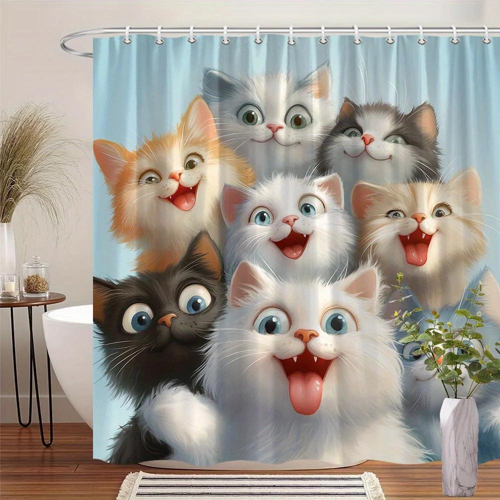 

Очаровательная шторка для душа с котиками - 9 игривых мордочек, 12 крючков, моющийся полиэстер, подарок для любителя кошек W90xH180cm