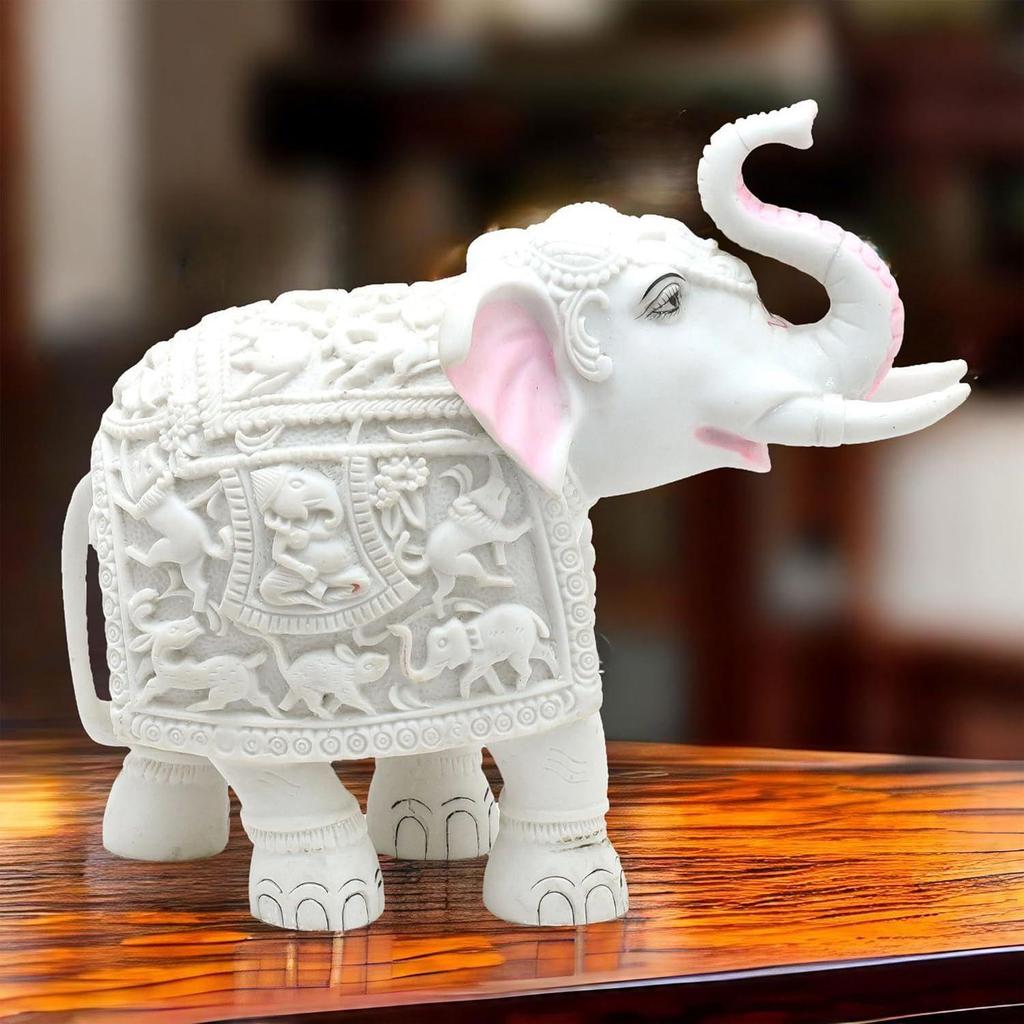 White Elephant Showpiece Große Größe Marmorharz Ästhetische Statue Dekorationselement für Zuhause, 8 Zoll Elefant Deko für Zuhause