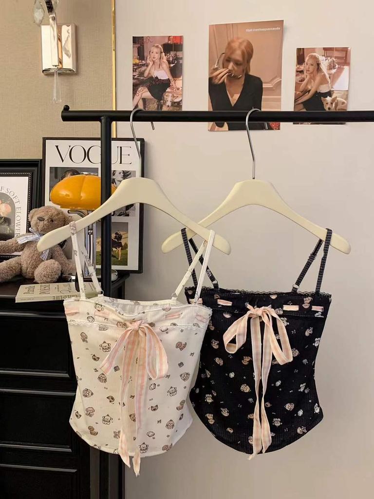 2026 Spring/Summer Slimming Bow Tie Camisole Vest with Padded Bust and Fun Print for Women