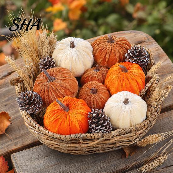Realistic Halloween Pumpkin Decoration Small Velvet Thanksgiving Table Centerpiece, Soft Stuffed Prop for Fall Harvest Farmhouse Themed