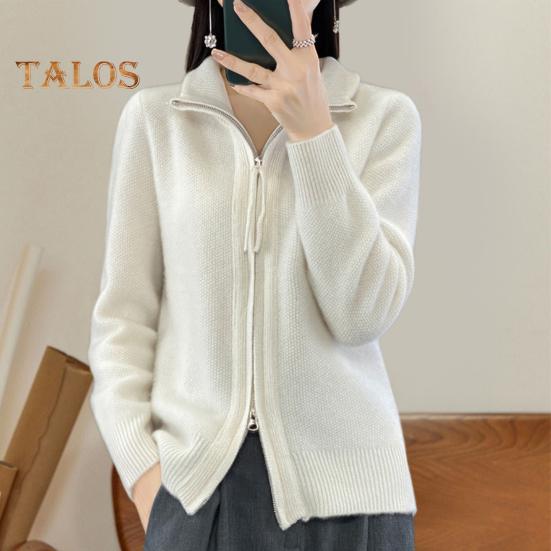Women Knitted Sweater Coat High Collar Long Sleeve Double Zipper Placket Autumn Winter Solid Color Knitwear