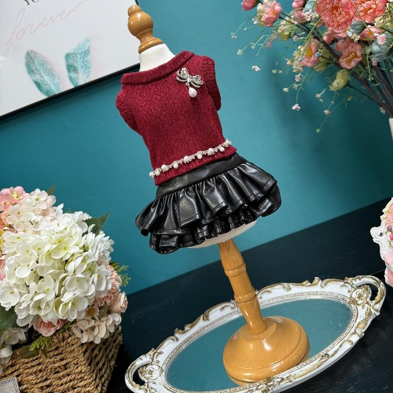 2025 Autumn Winter Puppy Overalls Handmade Knit Cotton Red Black Princess Dresses For Small Medium Dogs Pet Clothes Chihuahua