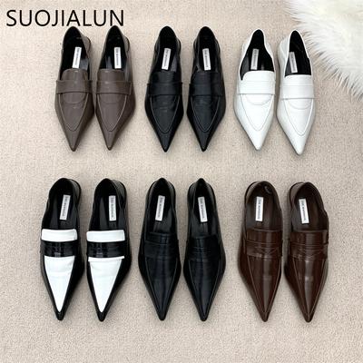Moda SUOJIALUN 2025 Jesień Damskie Płaskie Buty Moda Szpiczasty Nosek Wsuwane Panie Loafersy Miękka Podeszwa Płaski Obcas Casualowe Baleriny Sho