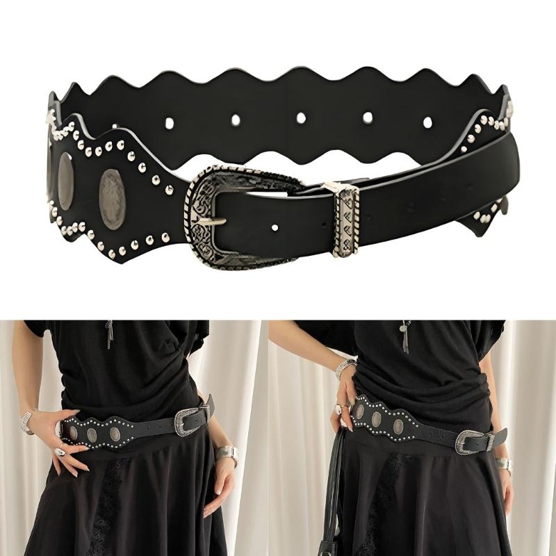 Unique Charm Wide Waist Sash PU Leather Waist Belt with Irregular Studs Feature Adjustable Waistband for Women