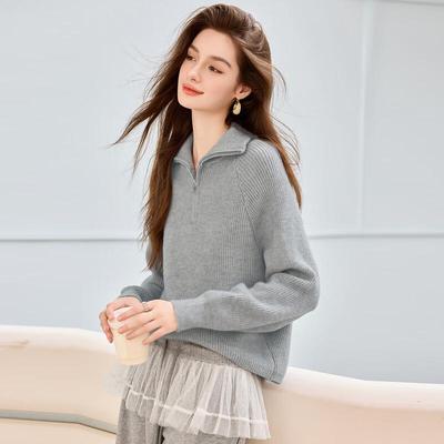 Bailuyu Women's Lapel Half-Zip Knit Sweater