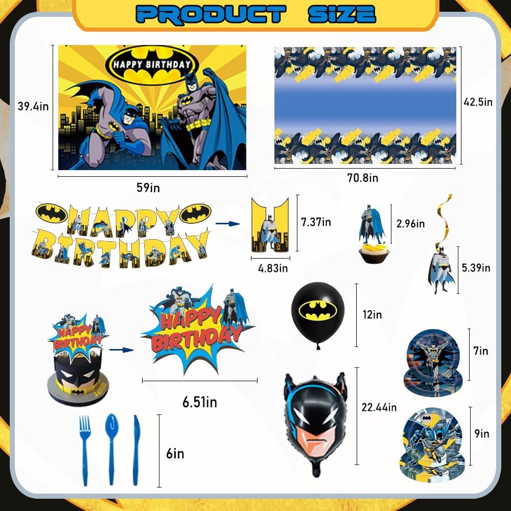 Bat Birthday Decorations, Hero Party Supplies Including Backdrop, Birthday Banner, Tablecloth, Hanging Swirls, Balloons, Cake Toppers, Plates, Forks