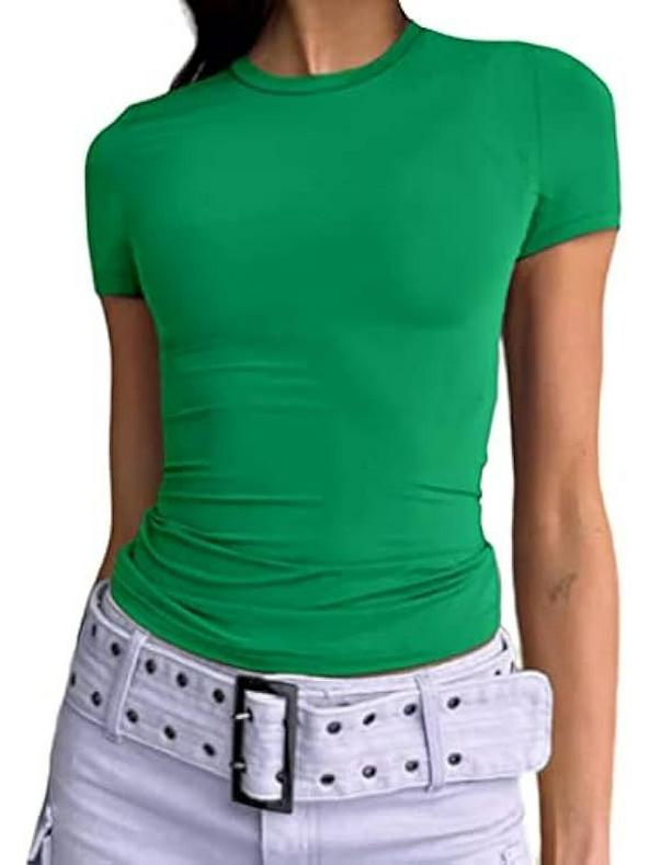 Trendy Women's Casual Long-Sleeve Solid Color Slim Pullover T-Shirts for Spring and Autumn.