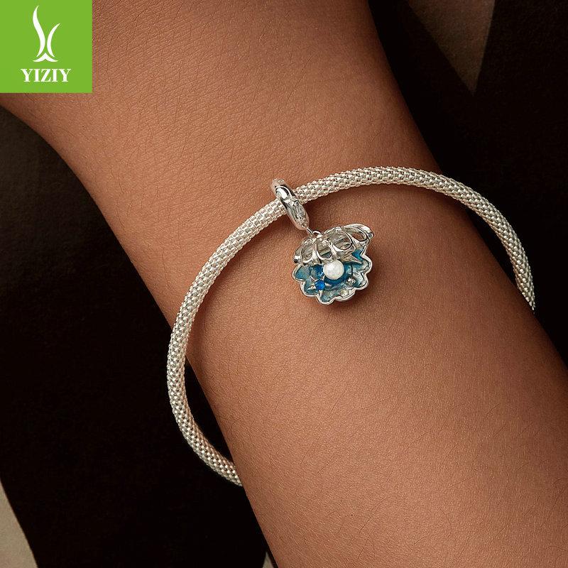 Small Fresh Blue Shell Diy Pendant Accessories, Romantic Sea Beads S925 Sterling Silver Bracelet Beads