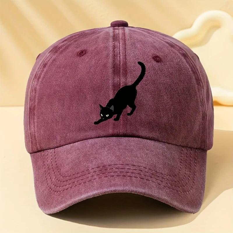 Classic European And American Style Black Cat Printed Baseball Cap for Men, Featuring a Washed Vintage Design, Adjustable Size,