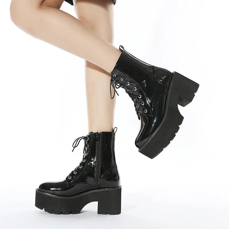 Fashion Punk Style Platform Heel Womens Ankle Boots Chunky Motorcycle Boots For Women Patent Leather Purple Yellow Shoes Big Size