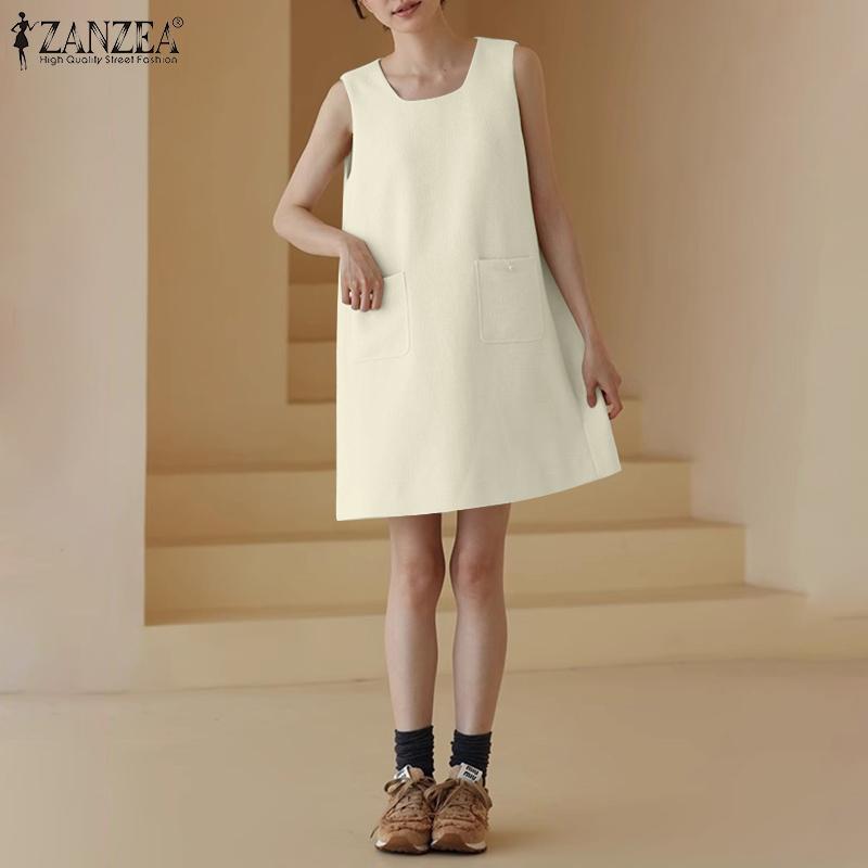 

ZANZEA женские летние однотонные свободные платья А-образной формы с круглым вырезом и карманами без рукавов 5XL бежевый