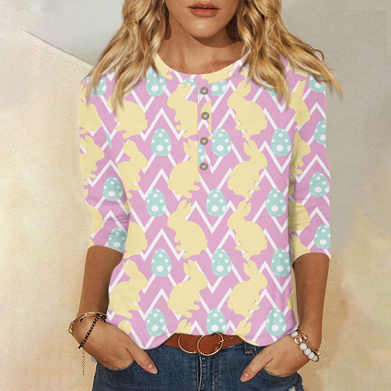 

Женская повседневная футболка с круглым вырезом и пуговицами с рукавом три четверти и принтом на базе XL фиолетовый