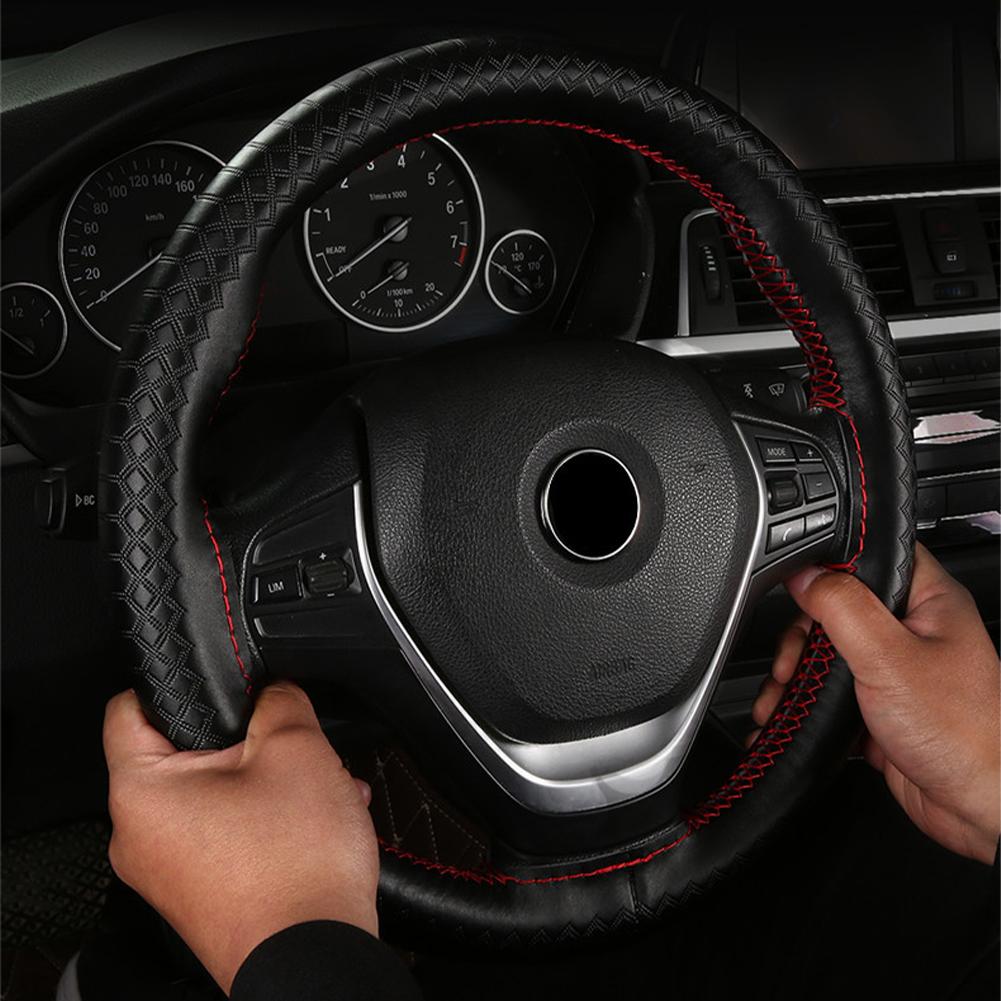 Car Steering Wheel Cover Genuine Leather DIY Hand Sewn Embossed Cowhide Steering Wheel Wrap Braid With Needle Thread 38cm