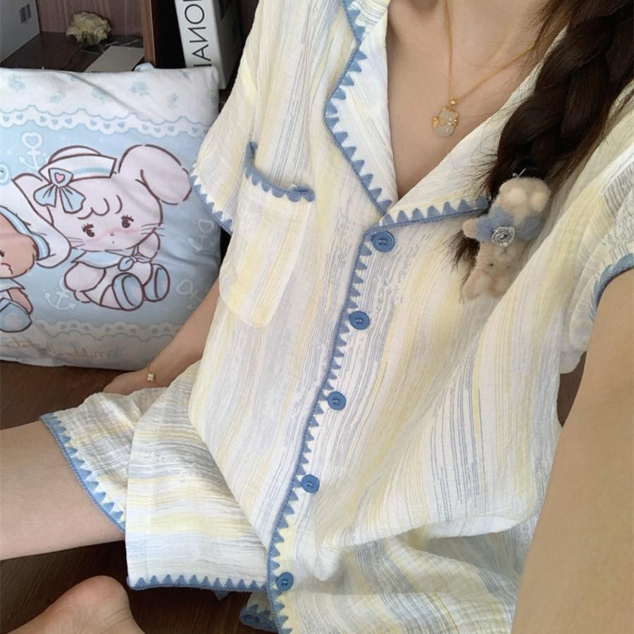 Japanese Ins Style Pajamas Women's Summer Cloud Cotton Simple Stripes Can Be Worn Outside Short Sleeves Shorts Loungewear Set